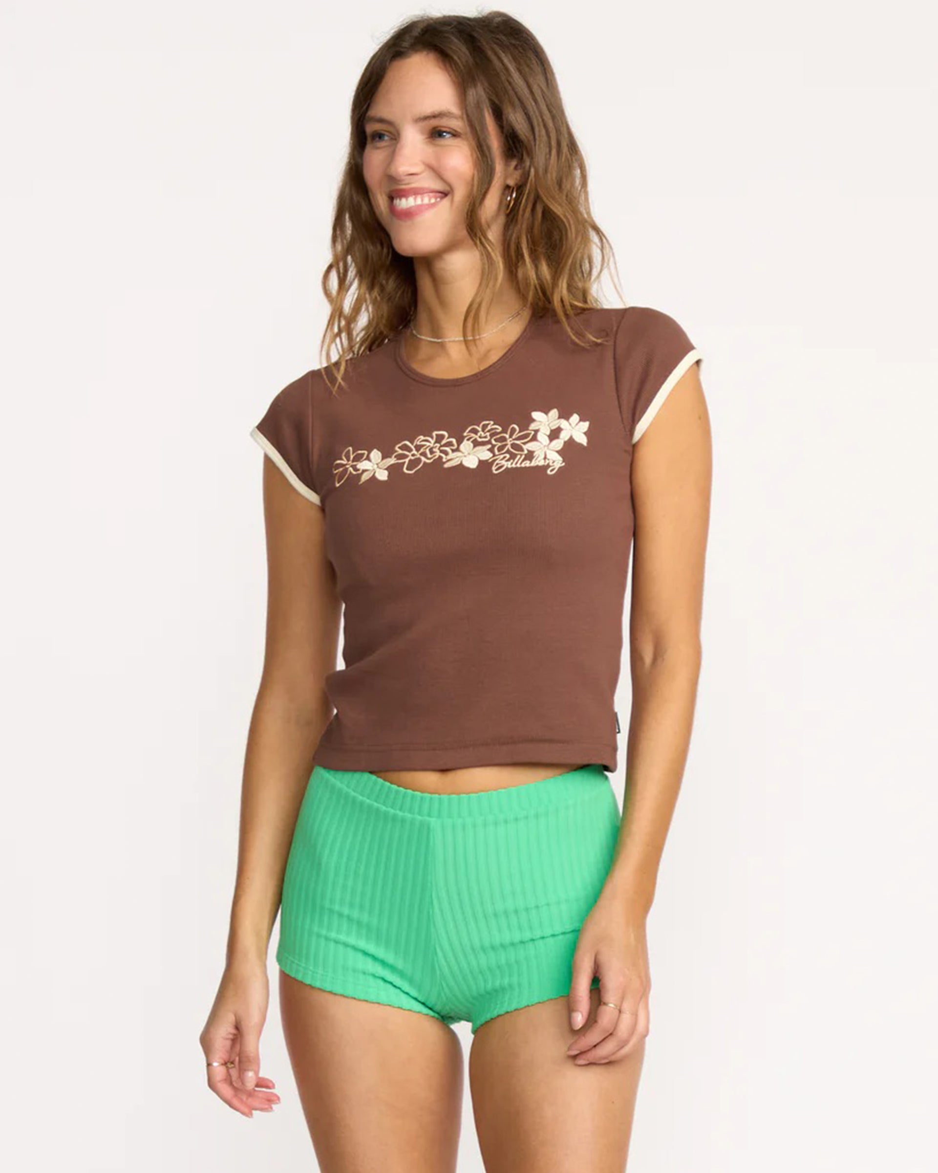 Billabong Women's Josie Ringer Short Sleeve T-Shirt - Espresso