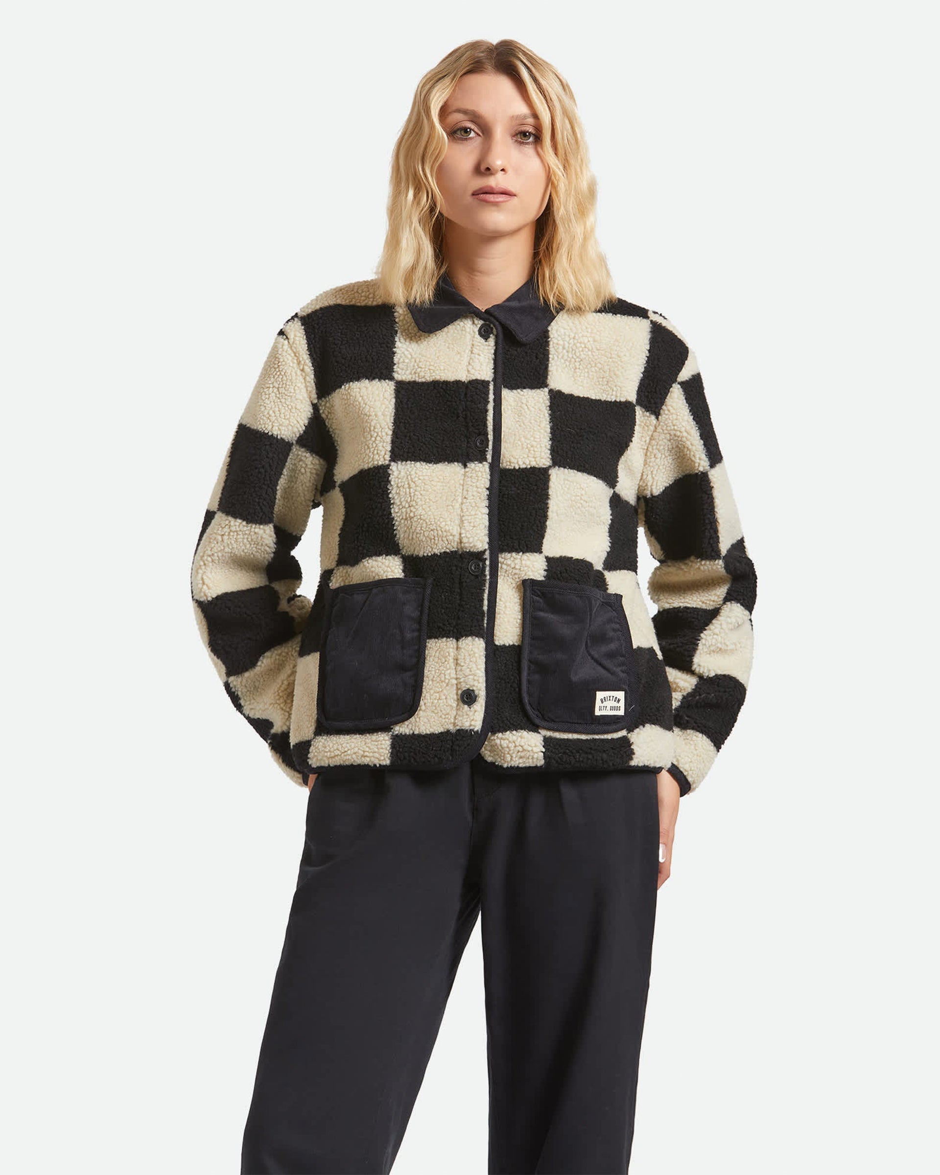 Brixton Women's Delilah Sherpa Jacket - Black/Natural Finish Line Checker