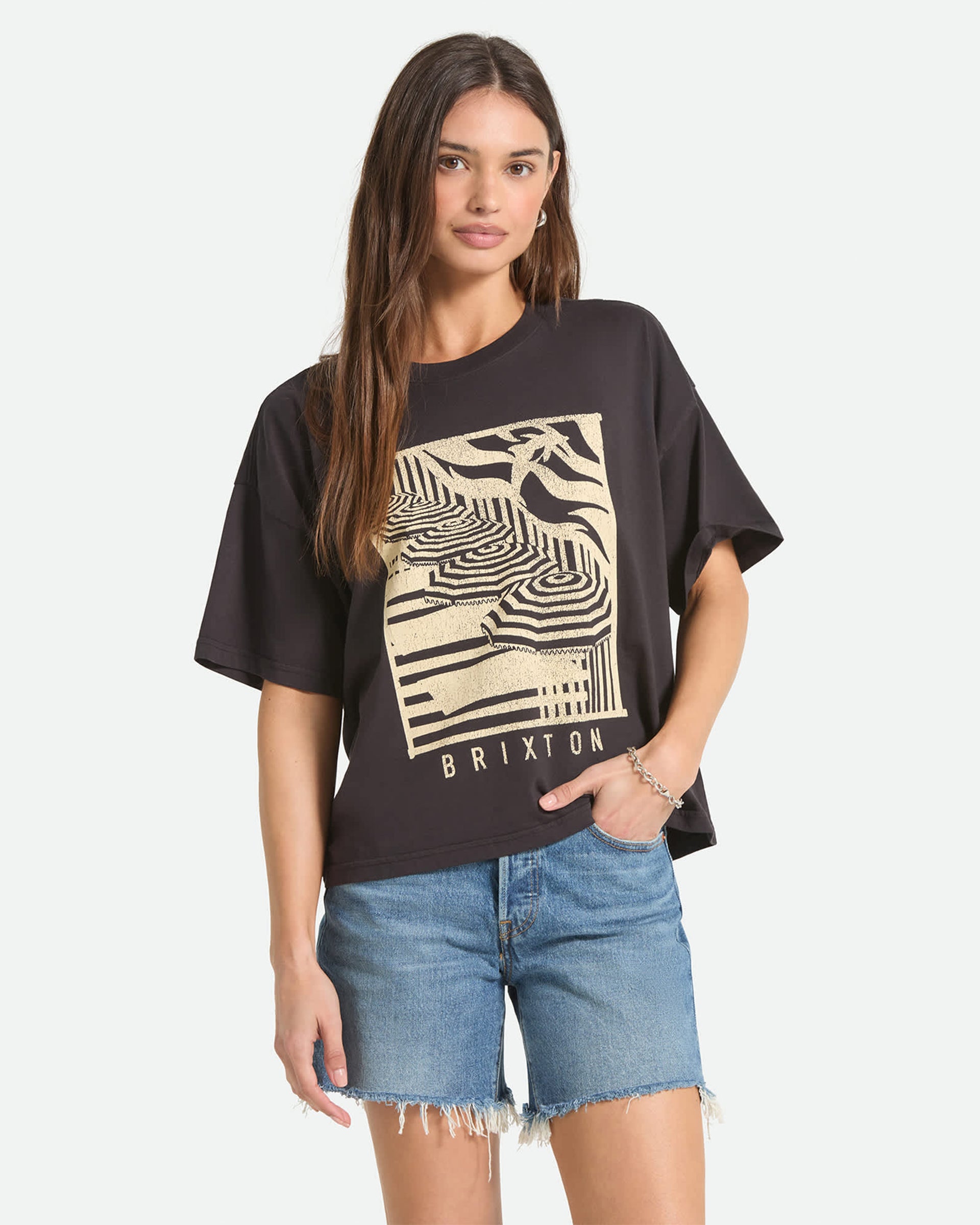 Brixton Women's Poolside Boxy Crew S/S T-Shirt - Washed Black
