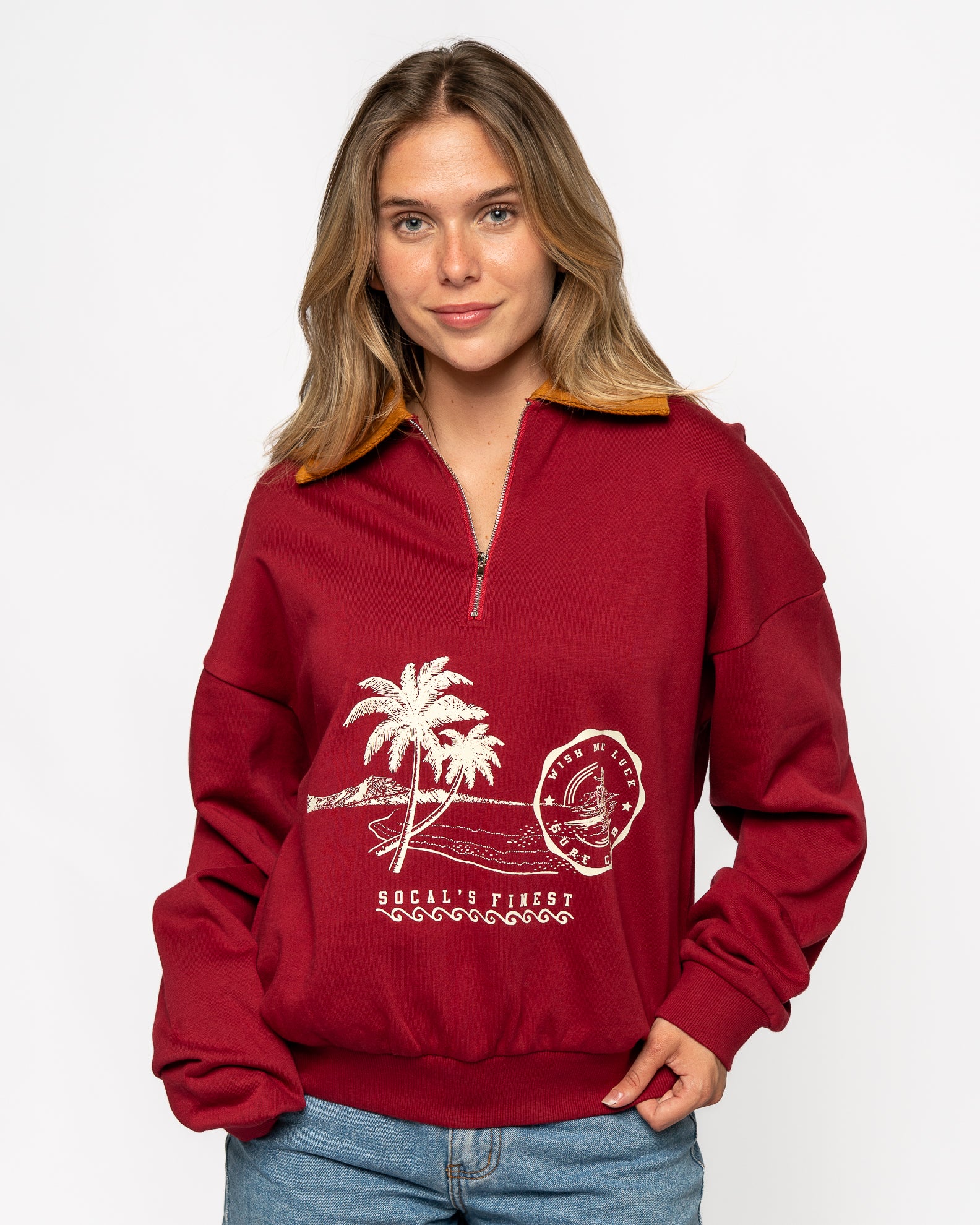 Lucky Shore Quarter Zip Polo Sweatshirt - Burgundy