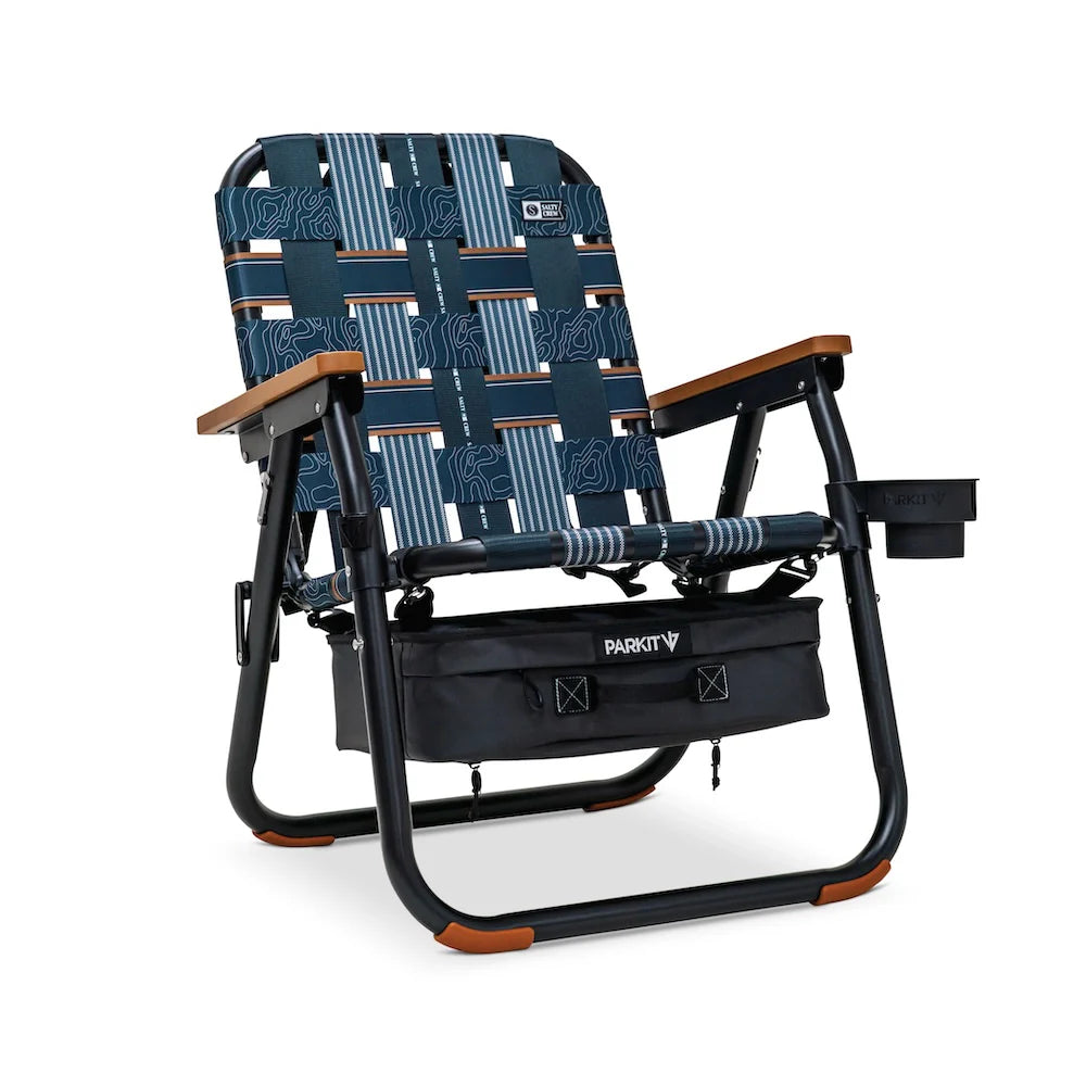 Blue and black folding chair with wooden armrests on a white background