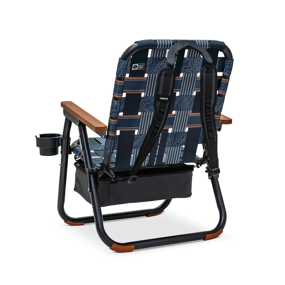 Portable chair with blue patterned seat and brown accents on a white background