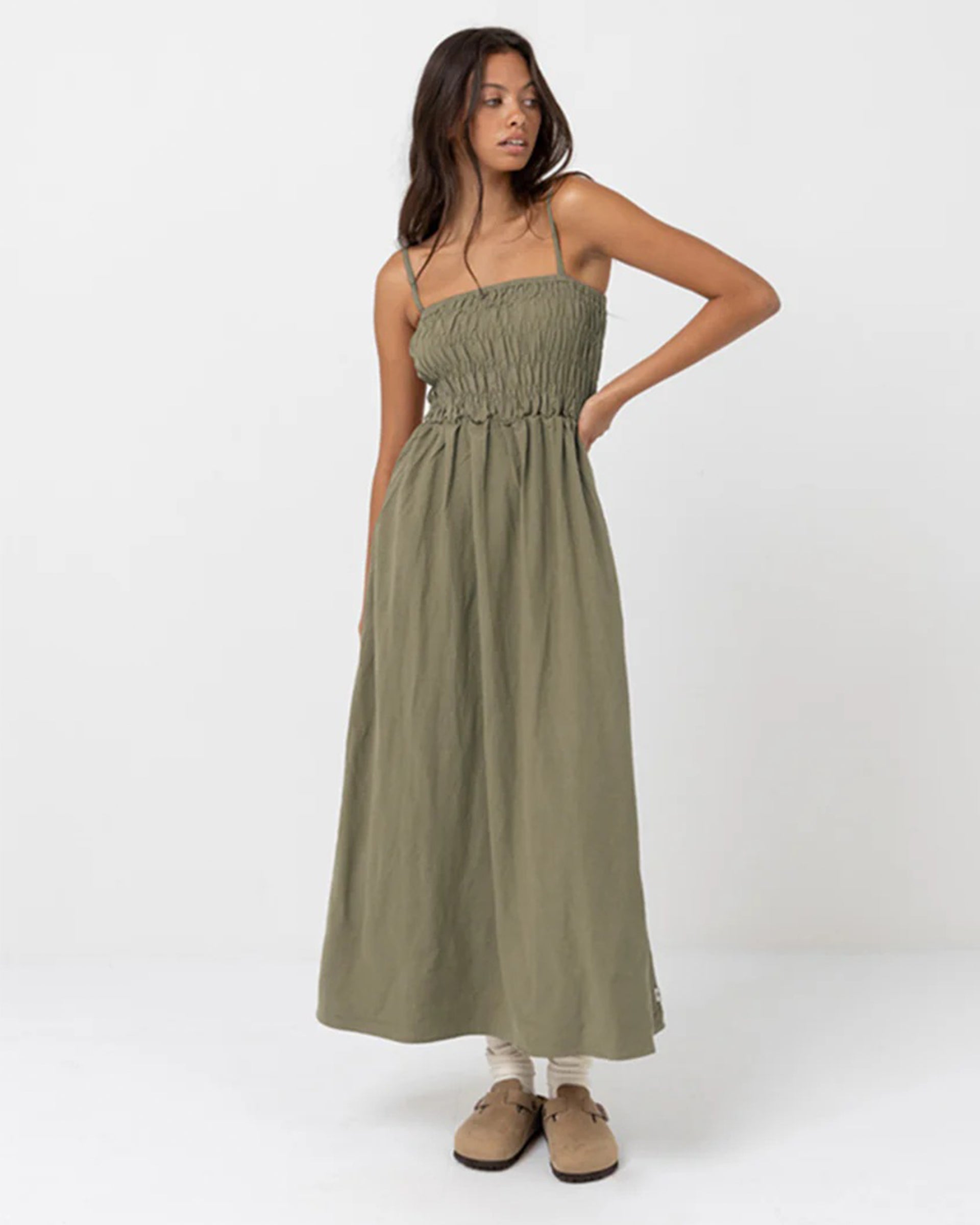 Rhythm Women's Classic Shirred Midi Dress - Olive