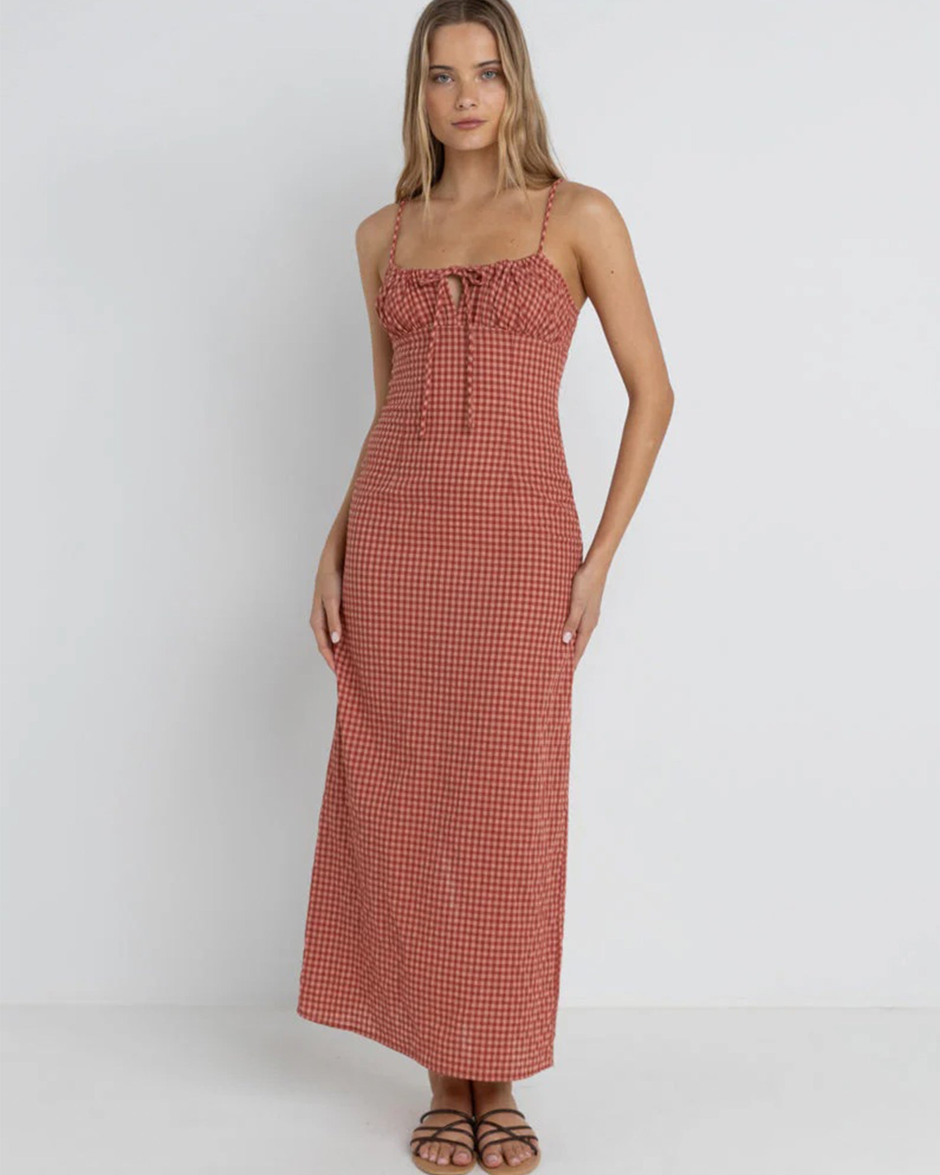 Lola Check Gathered Maxi Dress - Red
