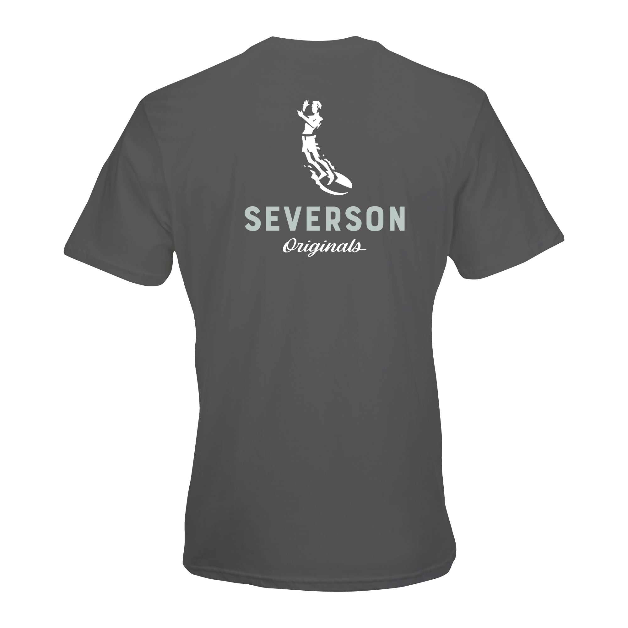 The classic Severson Originals logo. Our surfer icon with Severson text below. cool grey tee.